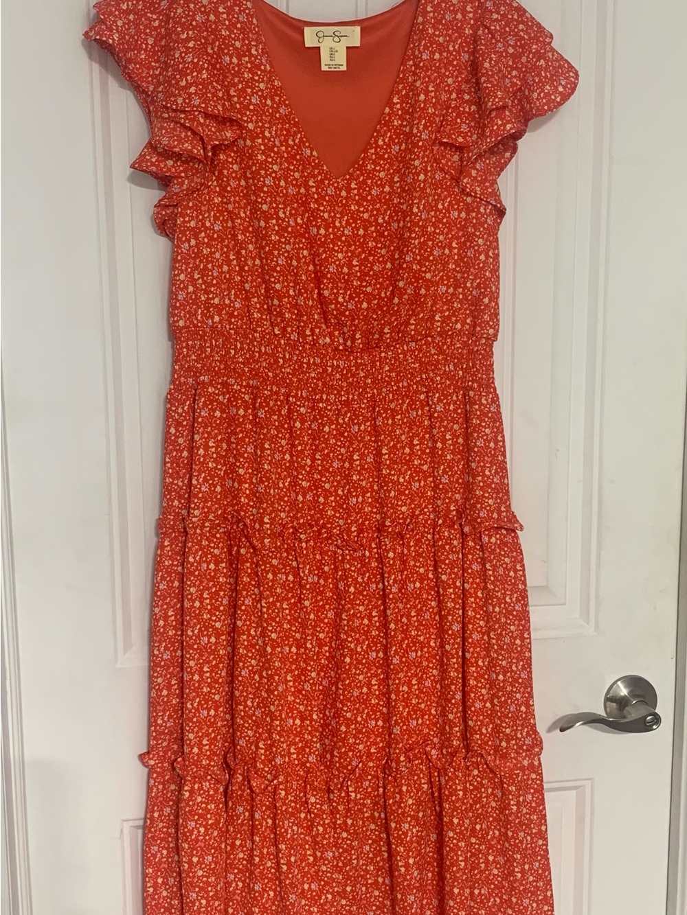 Jessica Simpson Coral-Red Floral Ruffle Tiered Dress